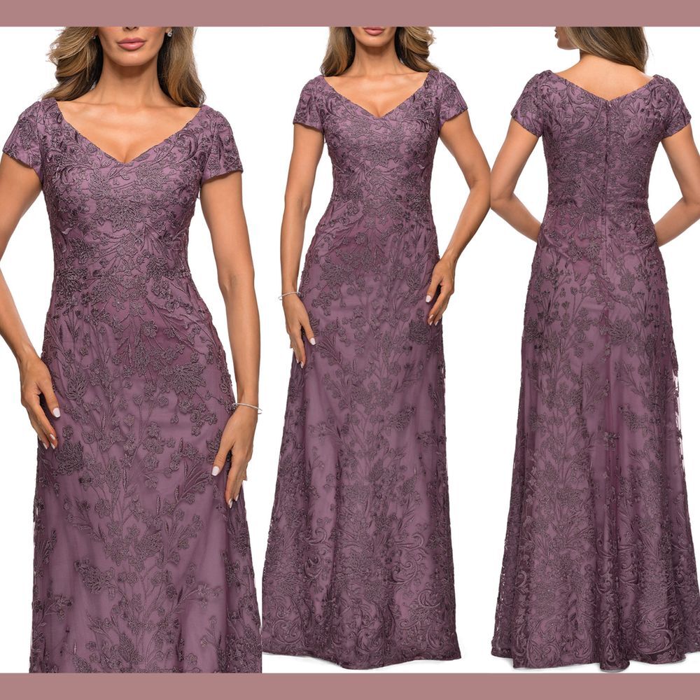 NWT $628 La Femme [ 2 ] Embellished Lace Gown "27915" in Dusty Lilac Purple J118